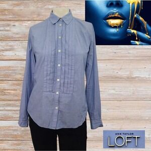 Ann Taylor LOFT Light Blue Pleated Tux Style Button Front Shirt Blouse Women' XS